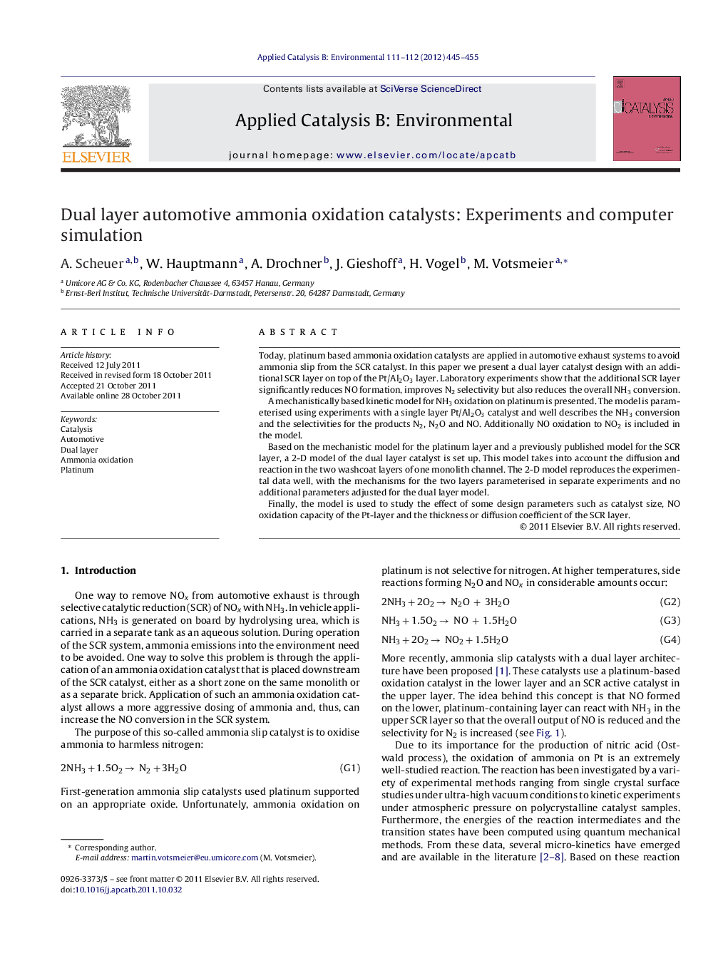 Dual layer automotive ammonia oxidation catalysts: Experiments and computer simulation