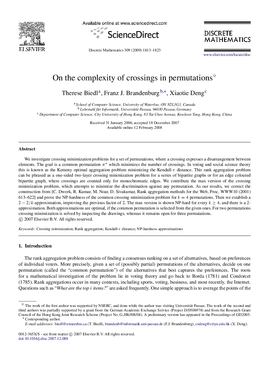 On the complexity of crossings in permutations 