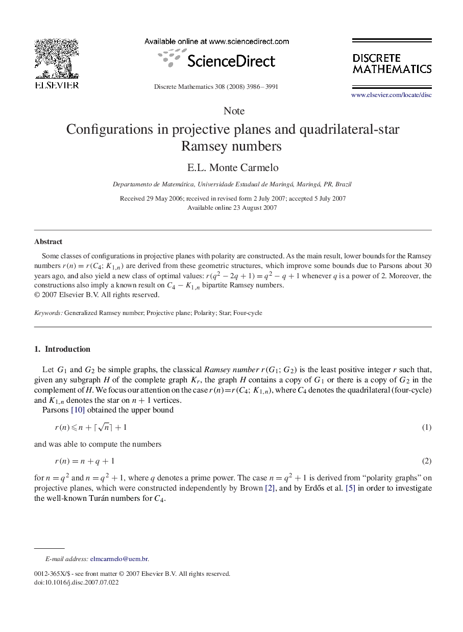 Configurations in projective planes and quadrilateral-star Ramsey numbers