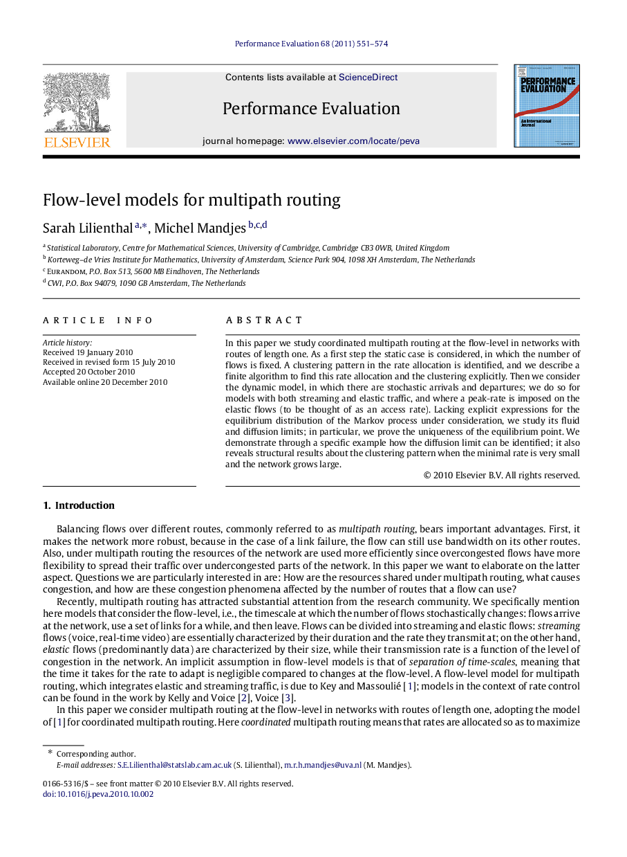 عکس صفحه اول مقاله: Flow-level models for multipath routing Flow-level models for multipath routing