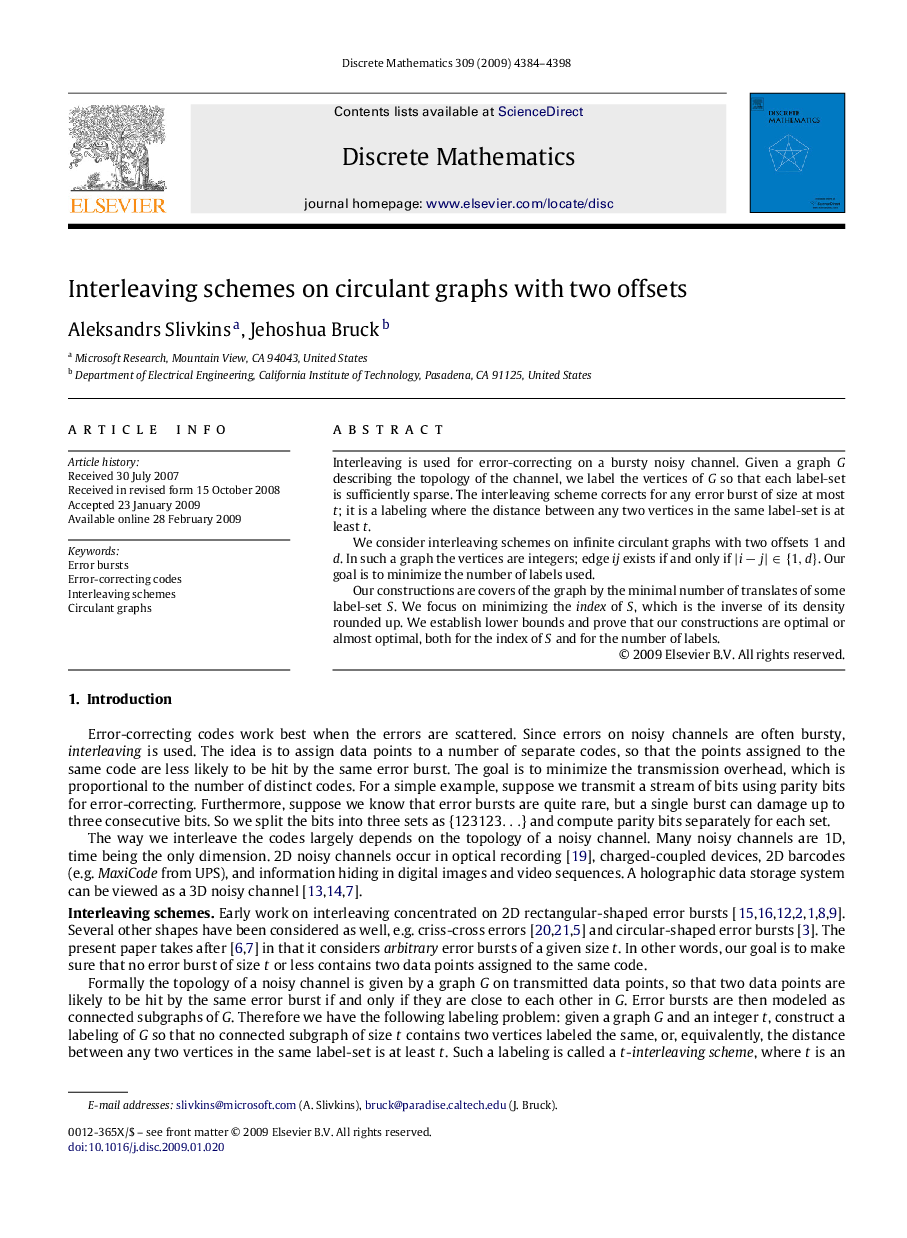 Interleaving schemes on circulant graphs with two offsets