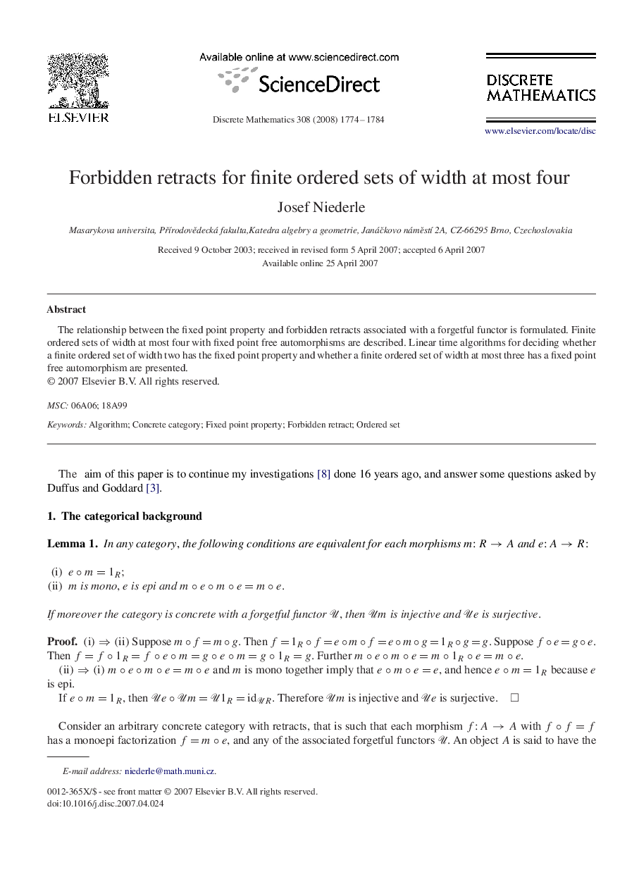 Forbidden retracts for finite ordered sets of width at most four