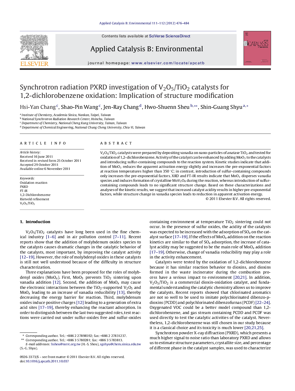 عکس صفحه اول مقاله: Synchrotron radiation PXRD investigation of V2O5/TiO2 catalysts for 1,2-dichlorobenzene oxidation: Implication of structure modification Synchrotron radiation PXRD investigation of V2O5/TiO2 catalysts for 1,2-dichlorobenzene oxidation: Implication of structure modification