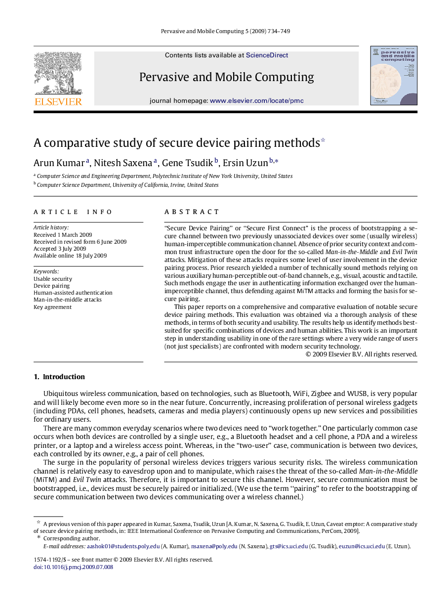 A comparative study of secure device pairing methods 