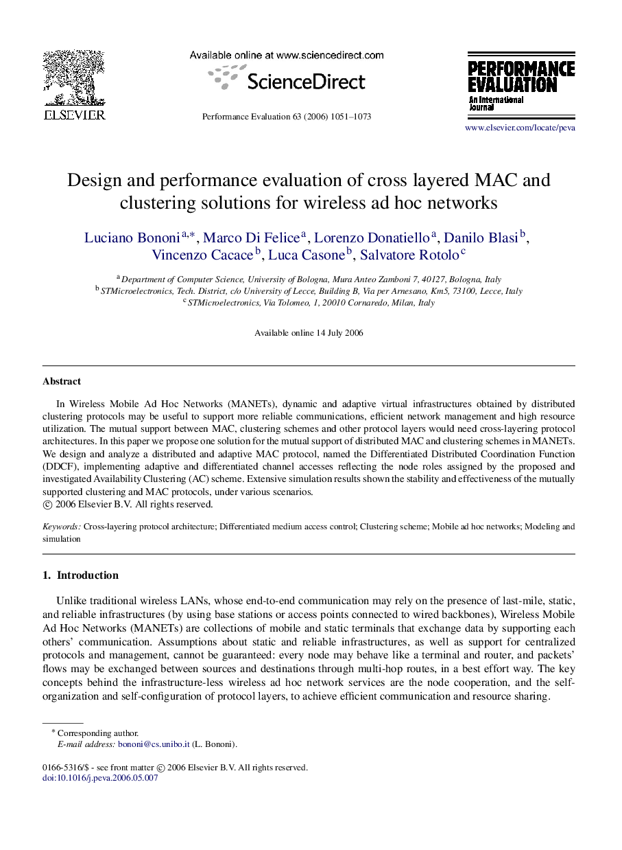 Design and performance evaluation of cross layered MAC and clustering solutions for wireless ad hoc networks