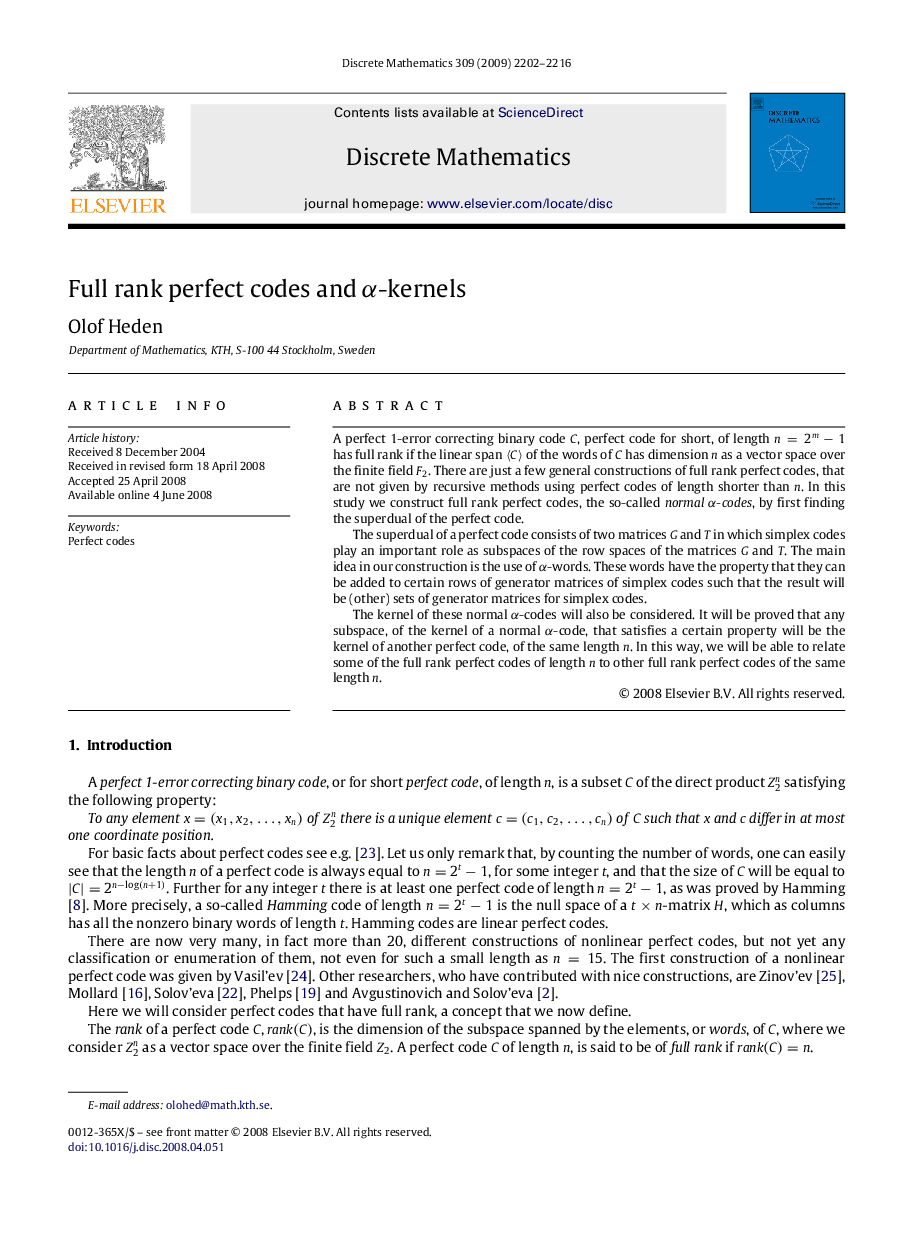 Full rank perfect codes and αα-kernels