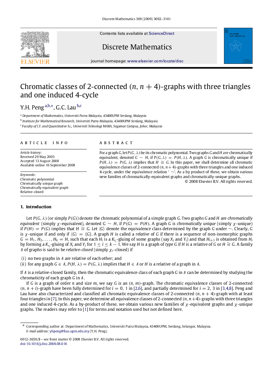 Chromatic classes of 2-connected (n,n+4)(n,n+4)-graphs with three triangles and one induced 4-cycle