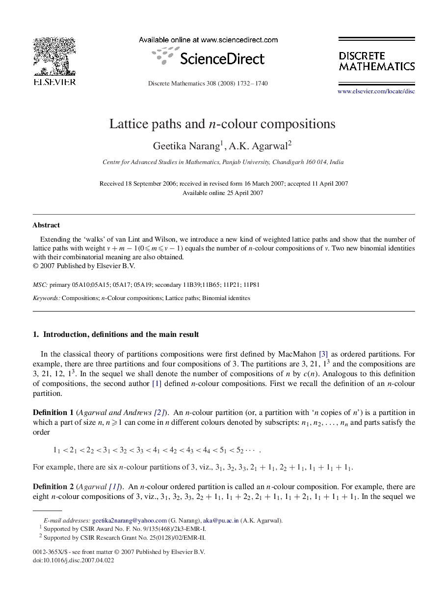 Lattice paths and nn-colour compositions