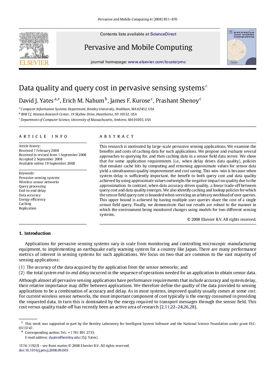 Data quality and query cost in pervasive sensing systems 