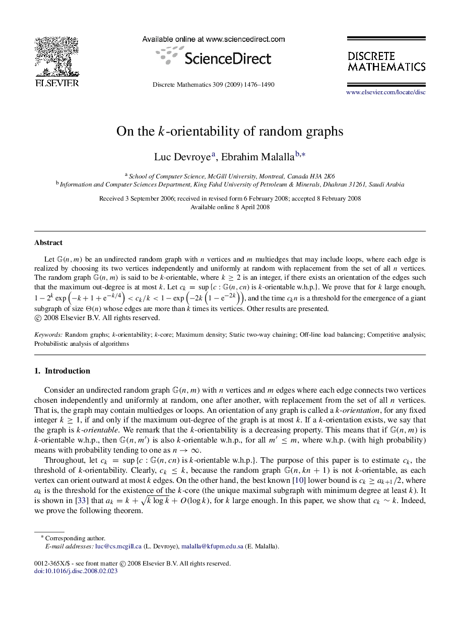 عکس صفحه اول مقاله: On the k-orientability of random graphs On the k-orientability of random graphs