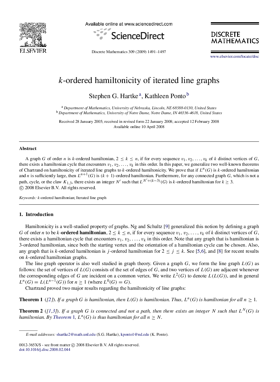 عکس صفحه اول مقاله: kk-ordered hamiltonicity of iterated line graphs kk-ordered hamiltonicity of iterated line graphs