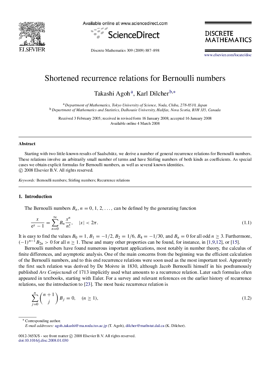 Shortened recurrence relations for Bernoulli numbers