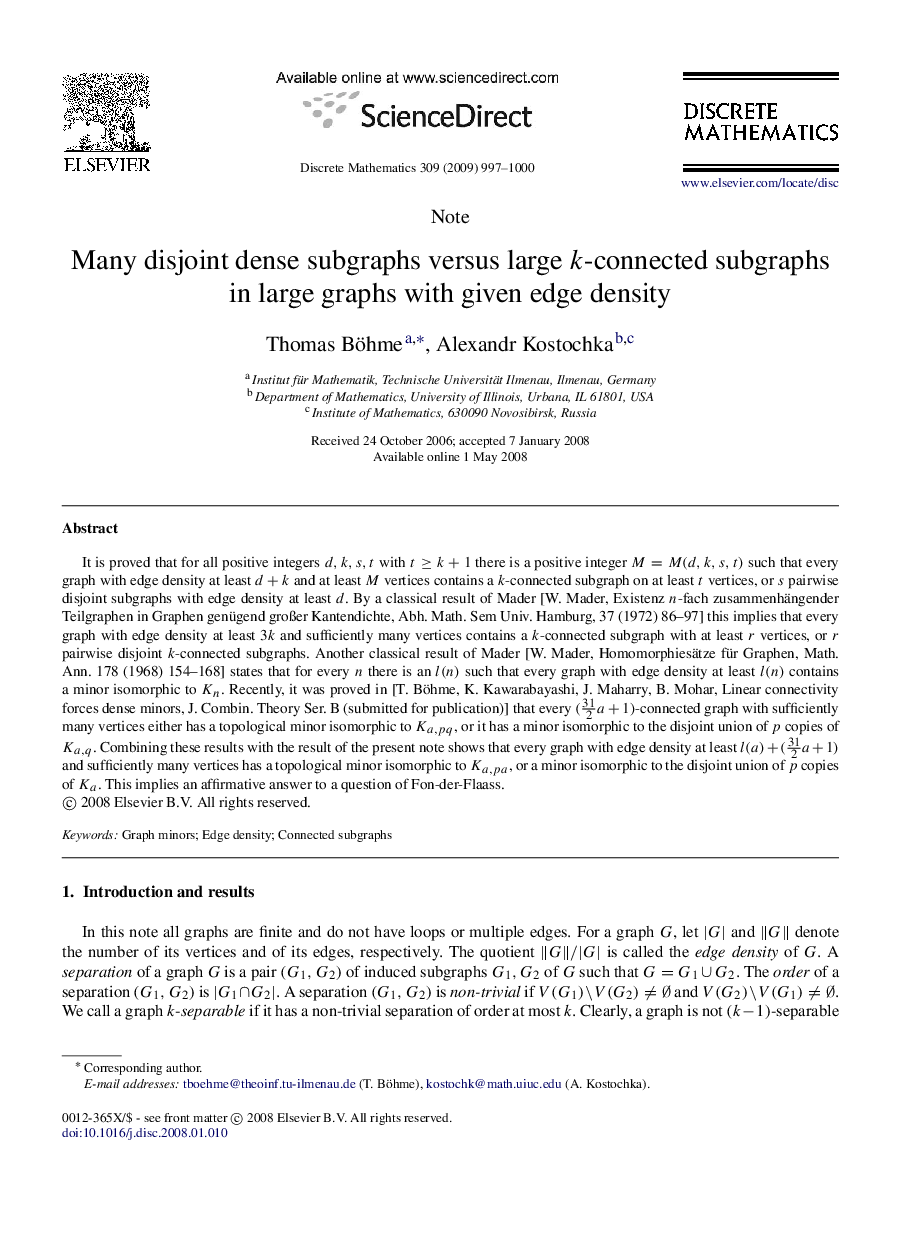 Many disjoint dense subgraphs versus large kk-connected subgraphs in large graphs with given edge density