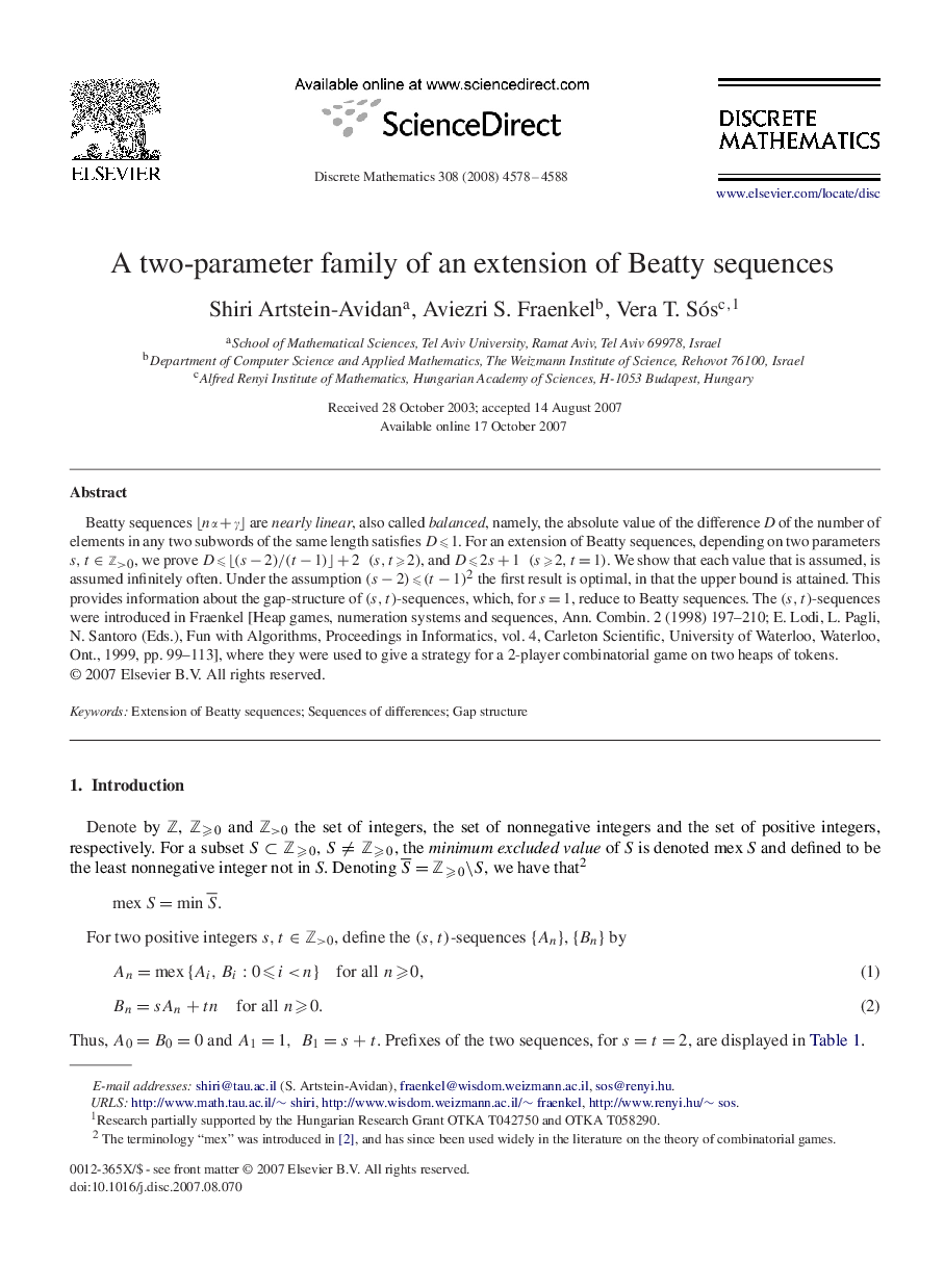 A two-parameter family of an extension of Beatty sequences