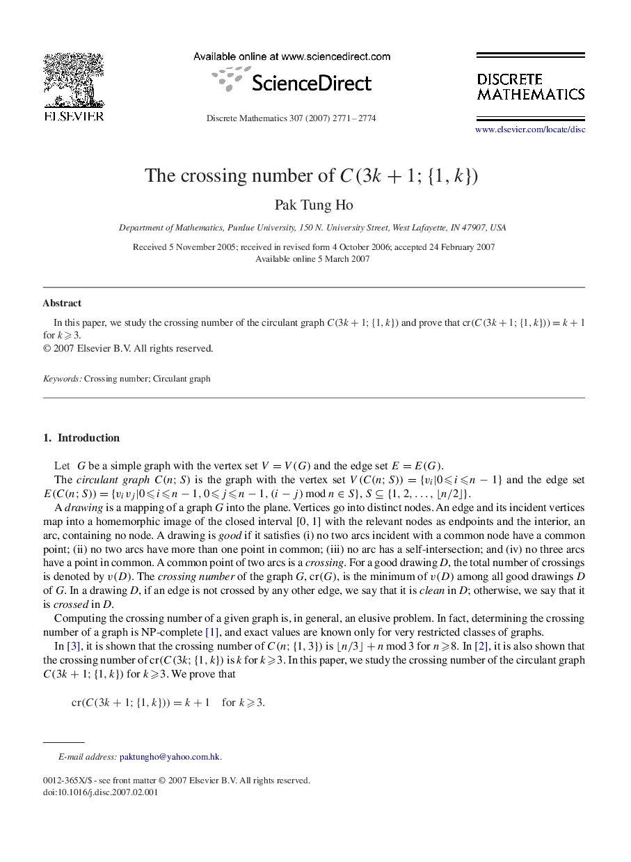 The crossing number of C(3k+1;{1,k})C(3k+1;{1,k})