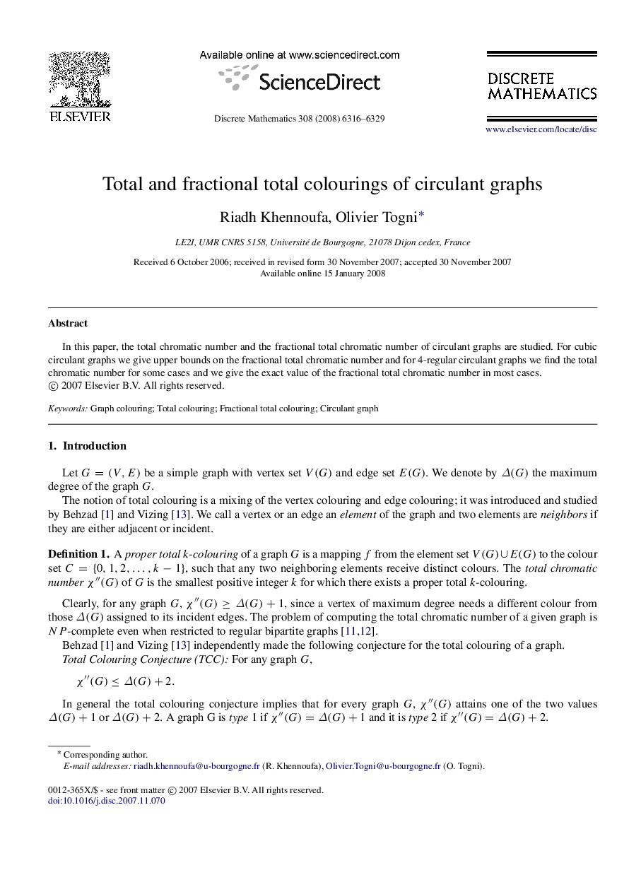 Total and fractional total colourings of circulant graphs