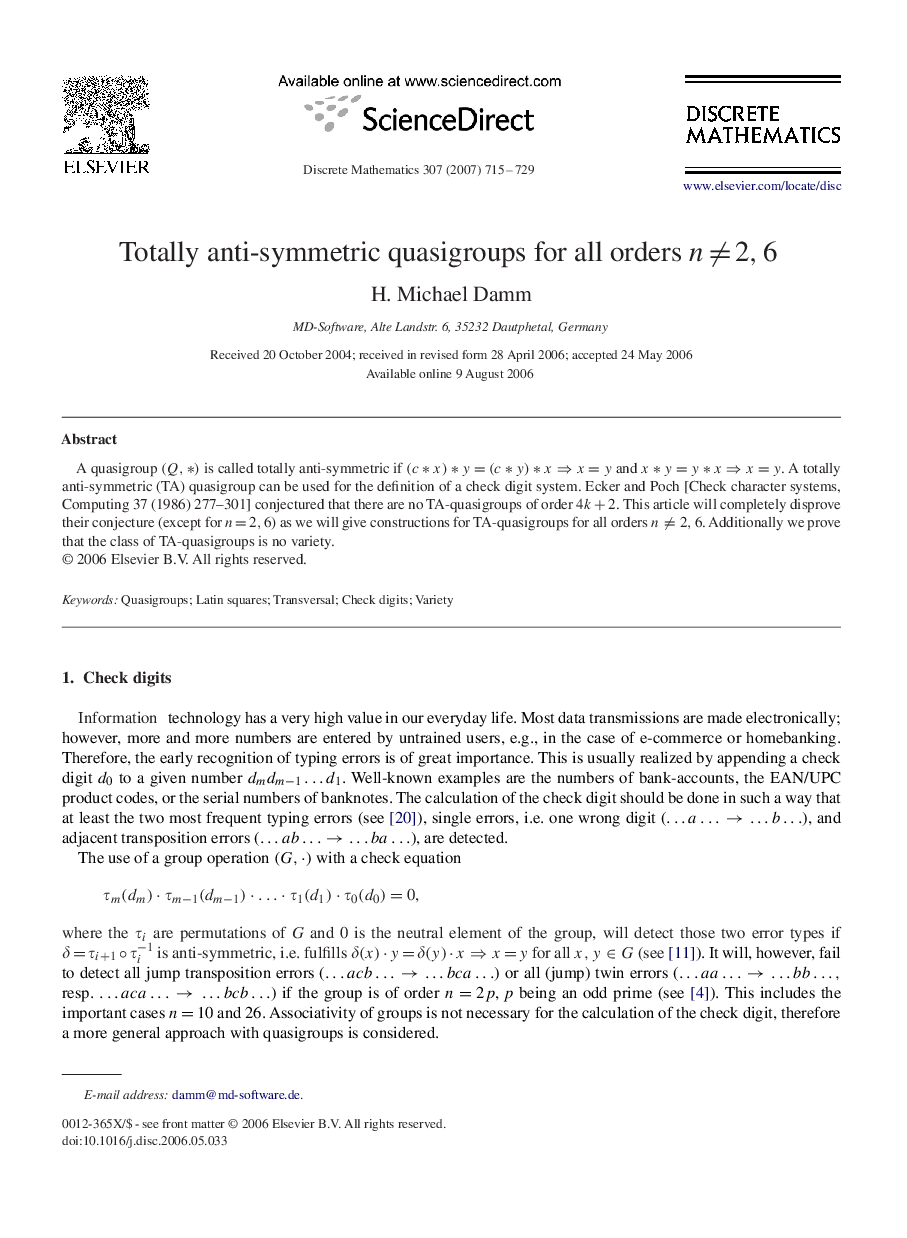 Totally anti-symmetric quasigroups for all orders n≠2,6n≠2,6