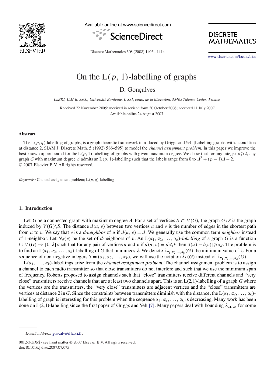 On the L(p,1)L(p,1)-labelling of graphs