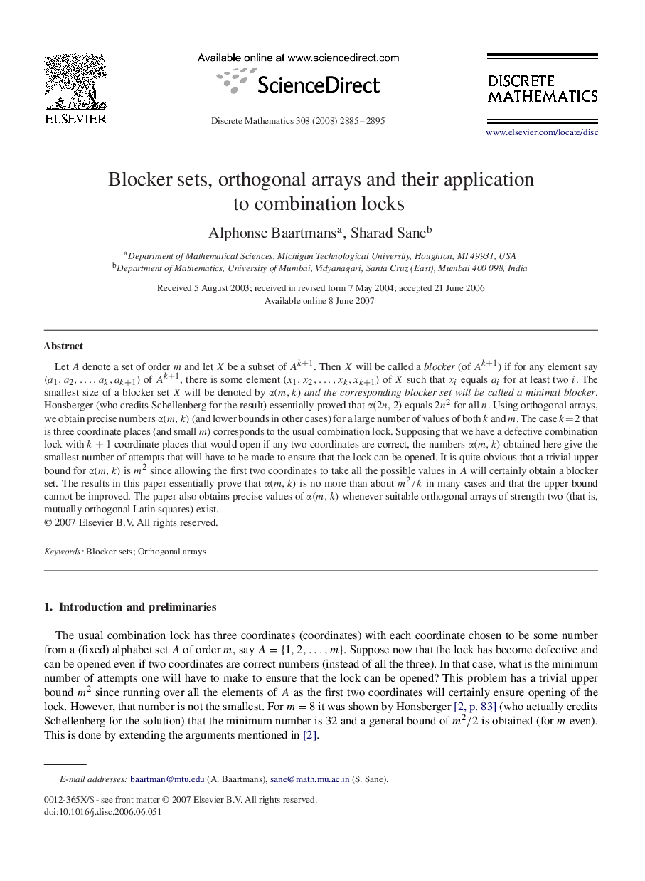 Blocker sets, orthogonal arrays and their application to combination locks