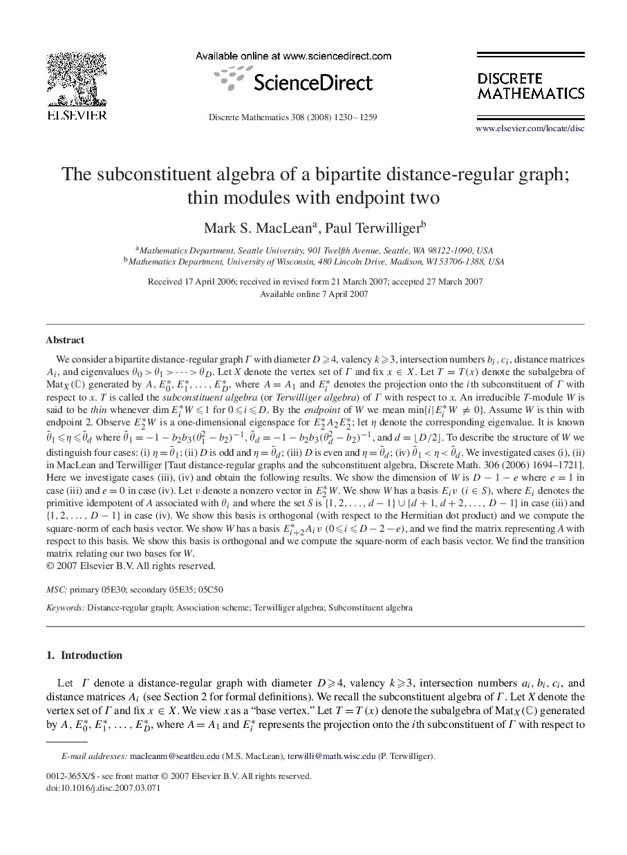 The subconstituent algebra of a bipartite distance-regular graph; thin modules with endpoint two