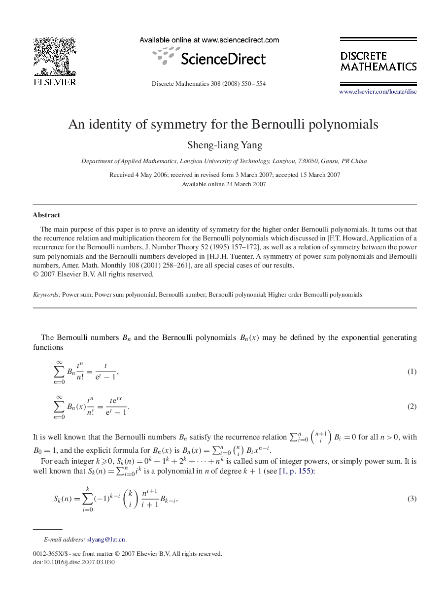 An identity of symmetry for the Bernoulli polynomials