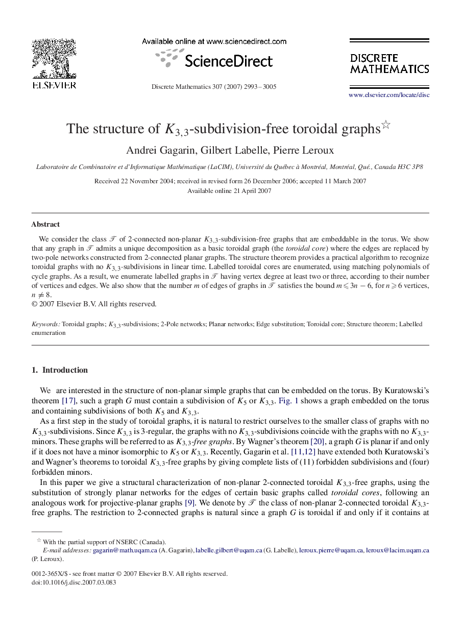 The structure of K3,3K3,3-subdivision-free toroidal graphs 