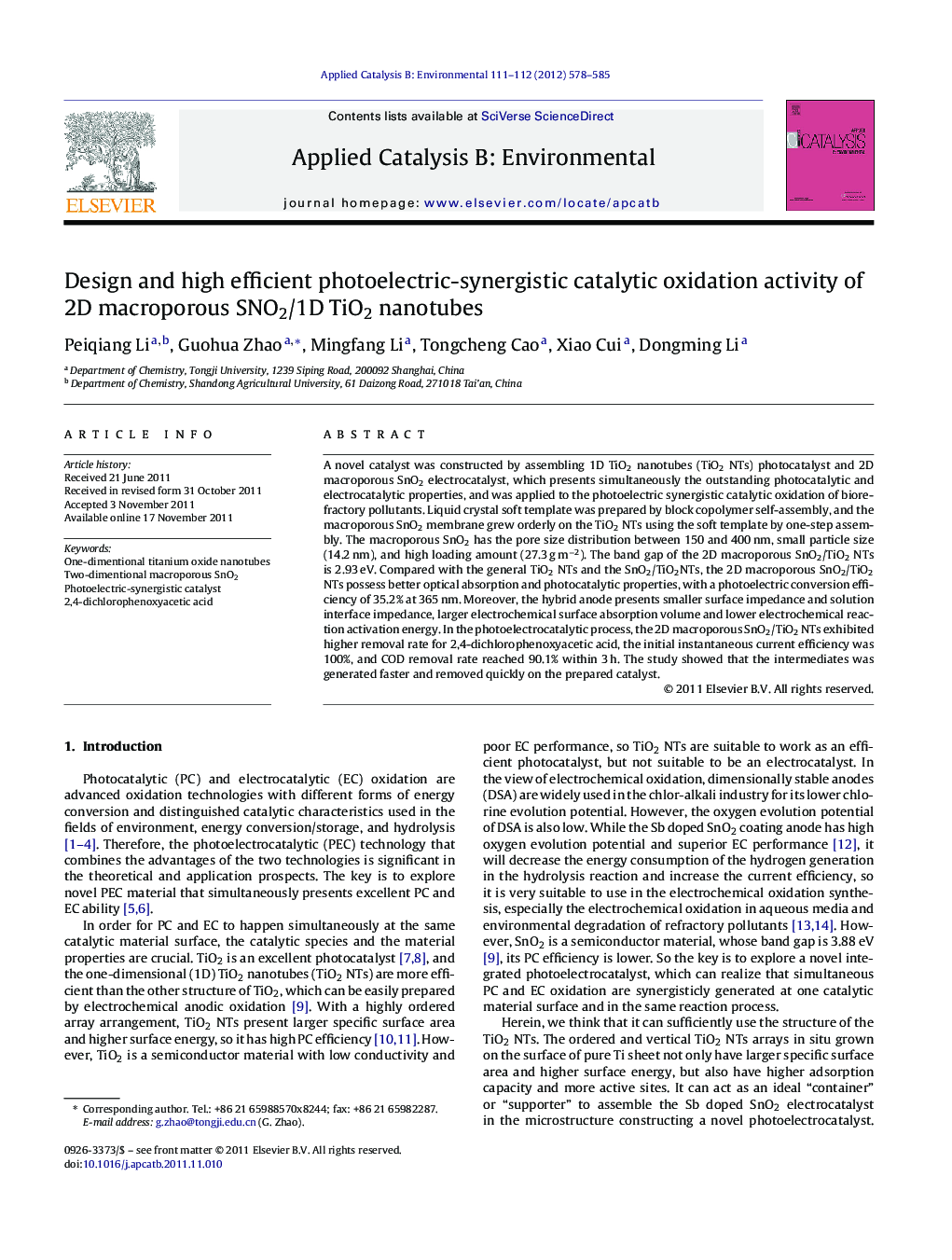 Design and high efficient photoelectric-synergistic catalytic oxidation activity of 2D macroporous SNO2/1D TiO2 nanotubes