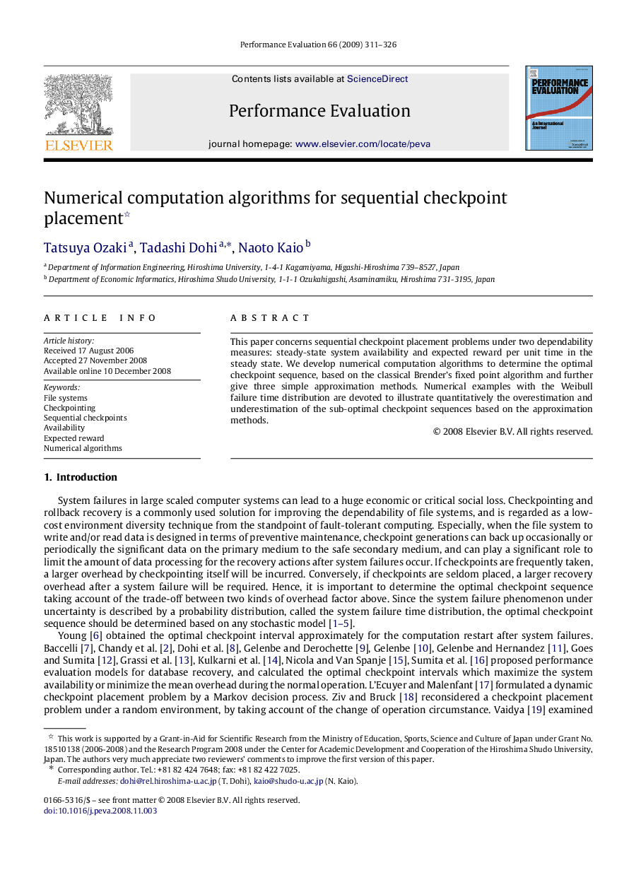 Numerical computation algorithms for sequential checkpoint placement 