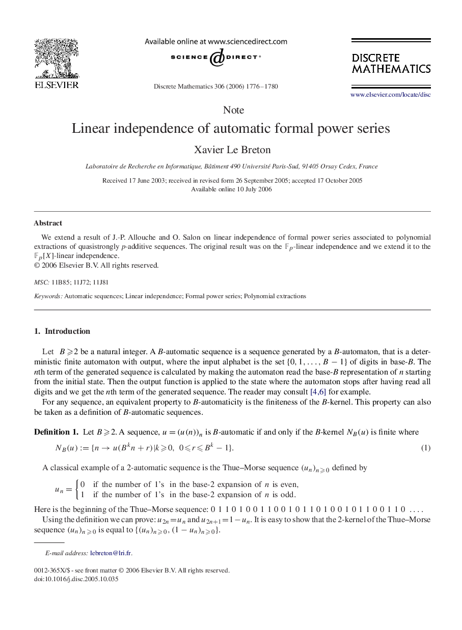 Linear independence of automatic formal power series