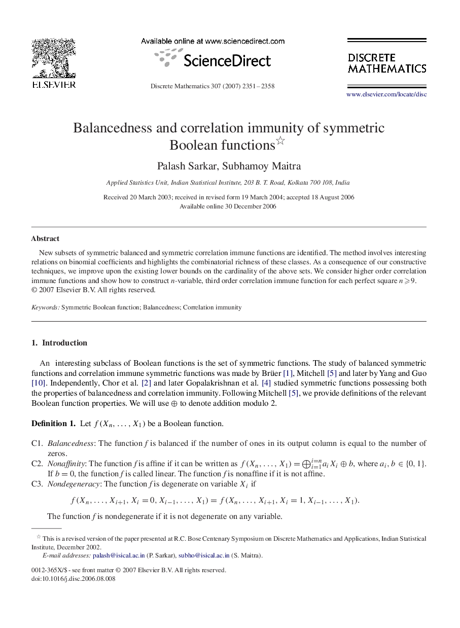 Balancedness and correlation immunity of symmetric Boolean functions 