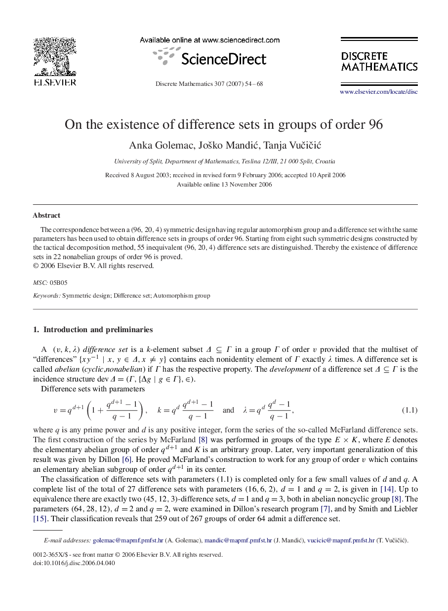 On the existence of difference sets in groups of order 96