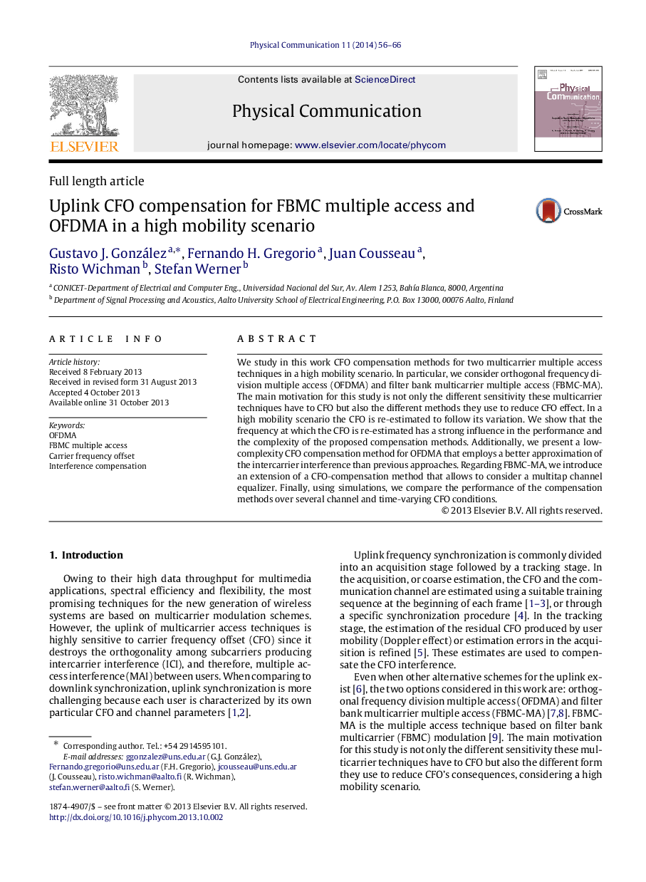 Uplink CFO compensation for FBMC multiple access and OFDMA in a high mobility scenario