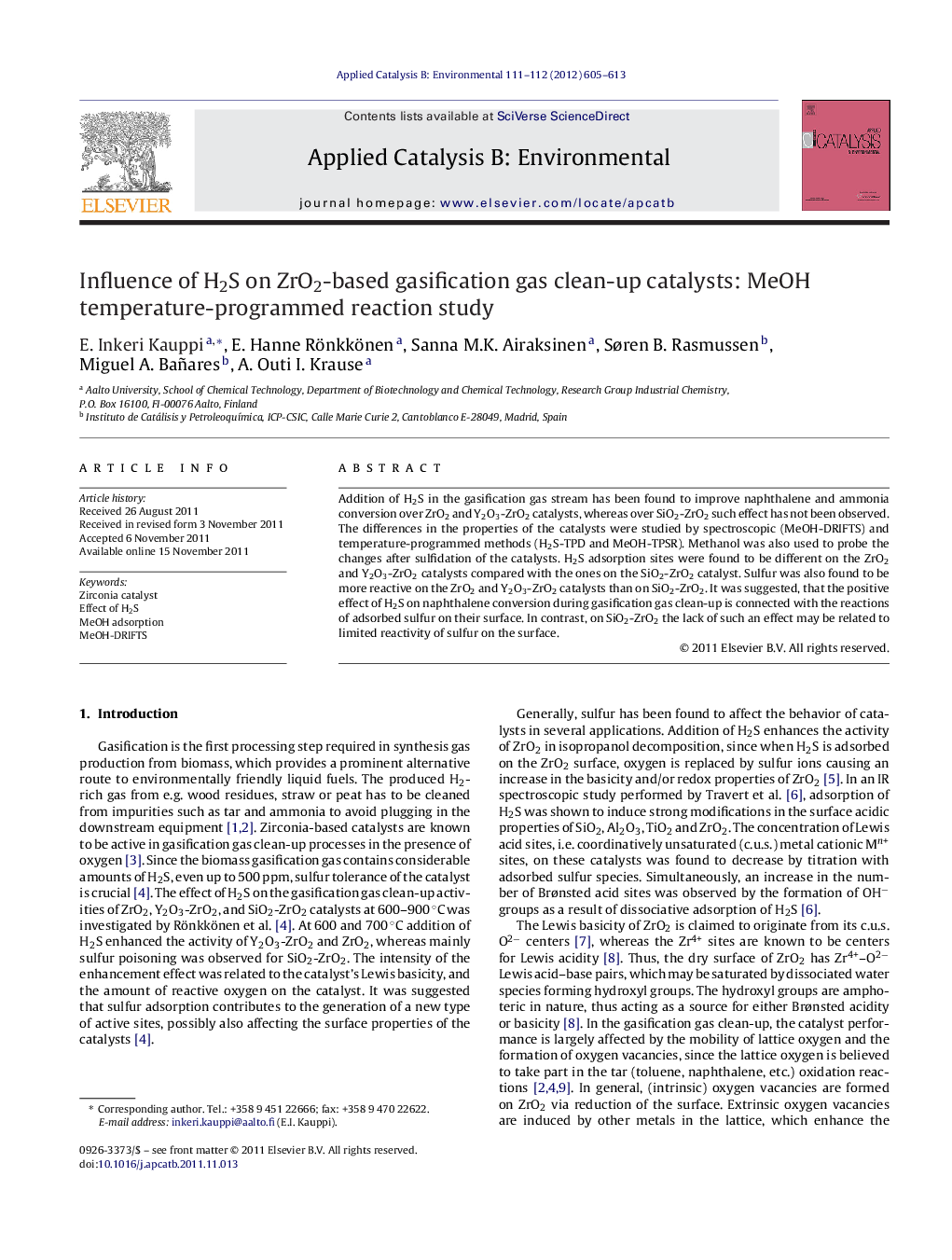 Influence of H2S on ZrO2-based gasification gas clean-up catalysts: MeOH temperature-programmed reaction study