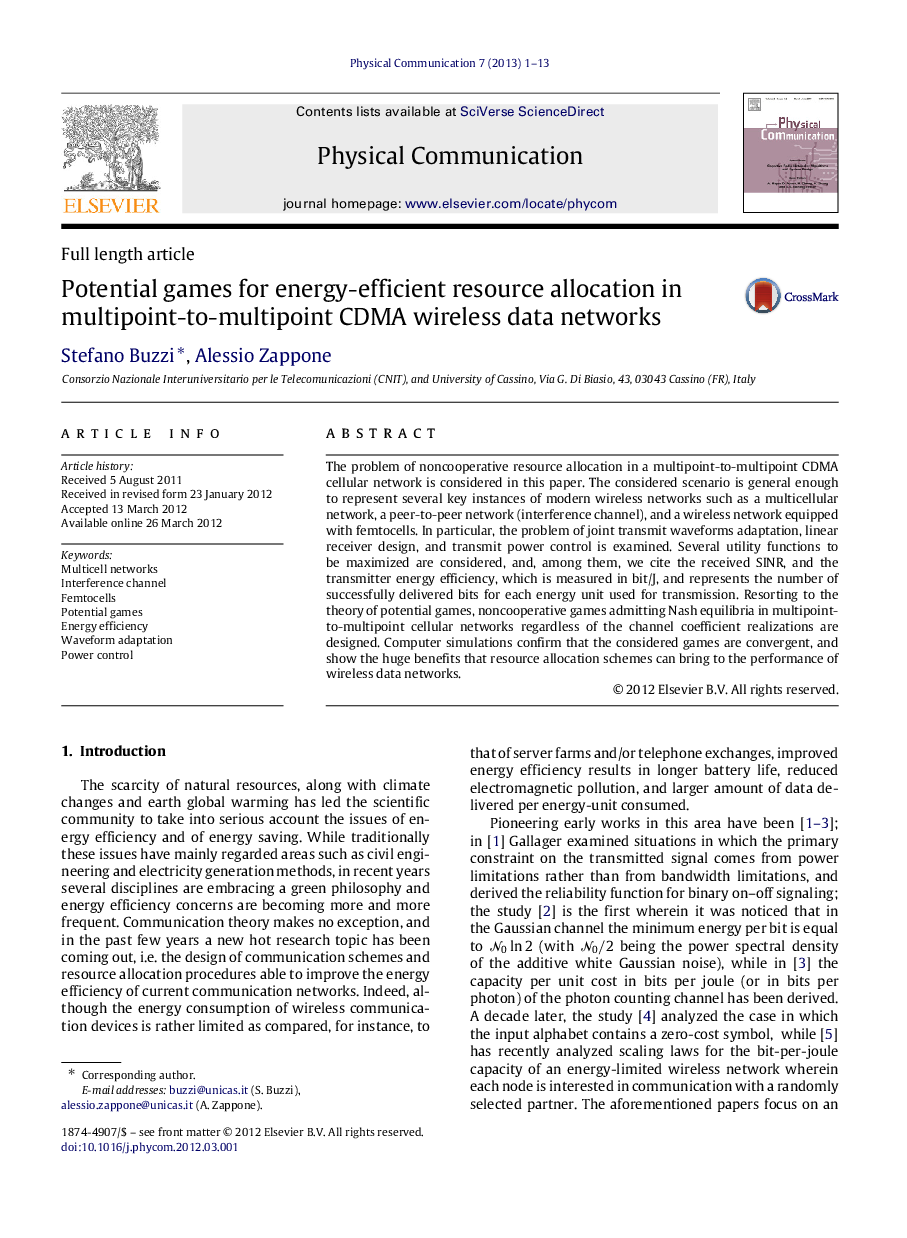 Potential games for energy-efficient resource allocation in multipoint-to-multipoint CDMA wireless data networks