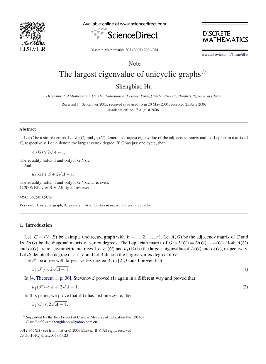 The largest eigenvalue of unicyclic graphs 