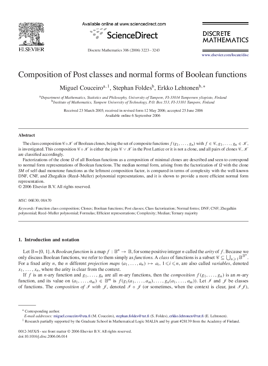 Composition of Post classes and normal forms of Boolean functions