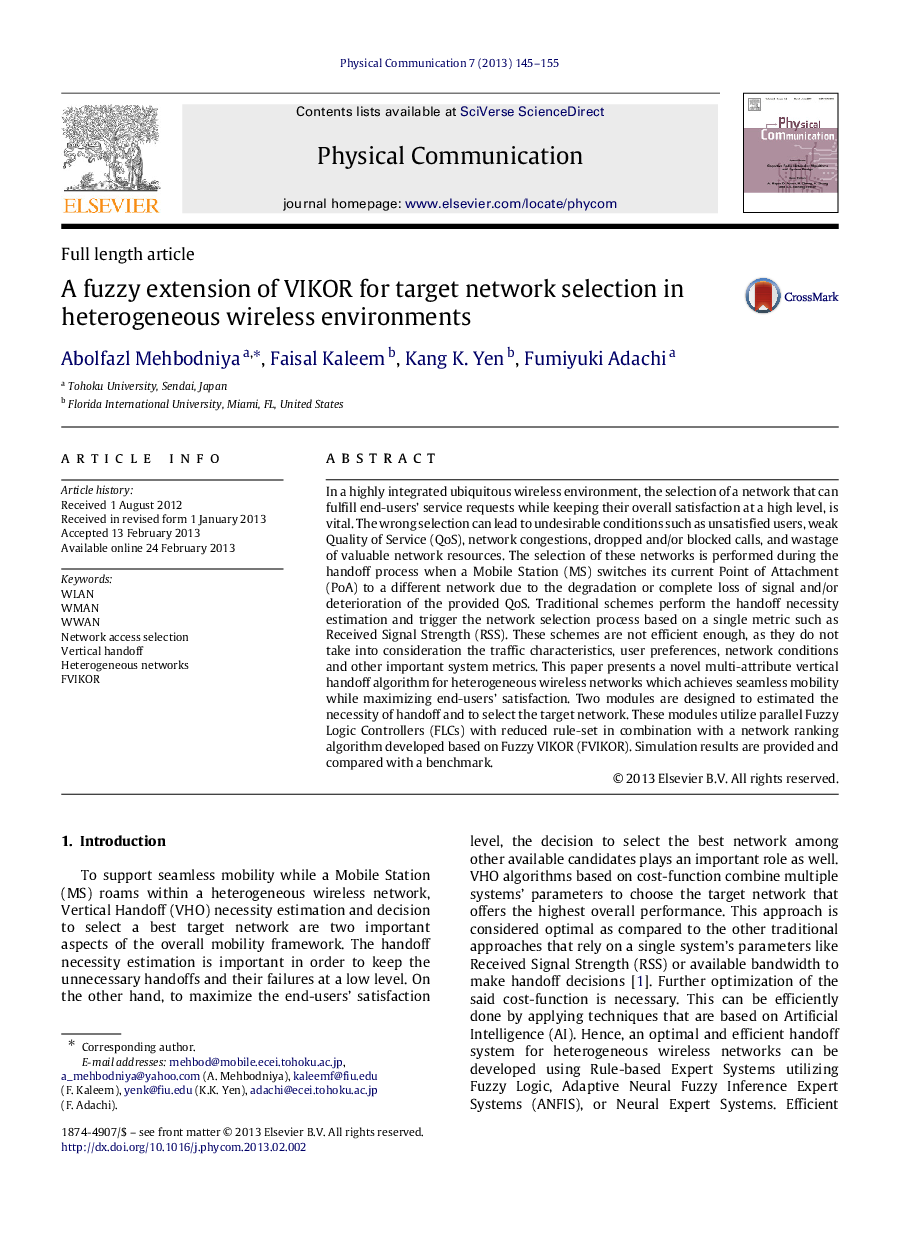 A fuzzy extension of VIKOR for target network selection in heterogeneous wireless environments