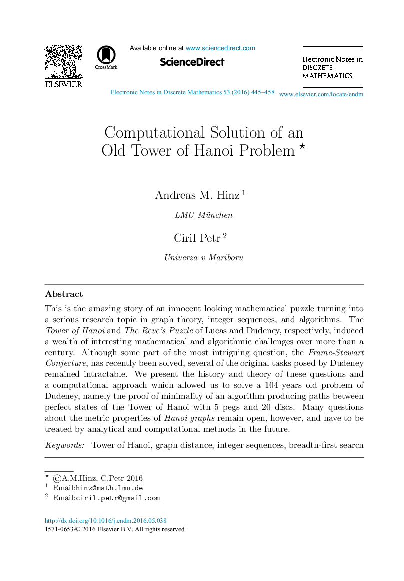 Computational Solution of an Old Tower of Hanoi Problem 