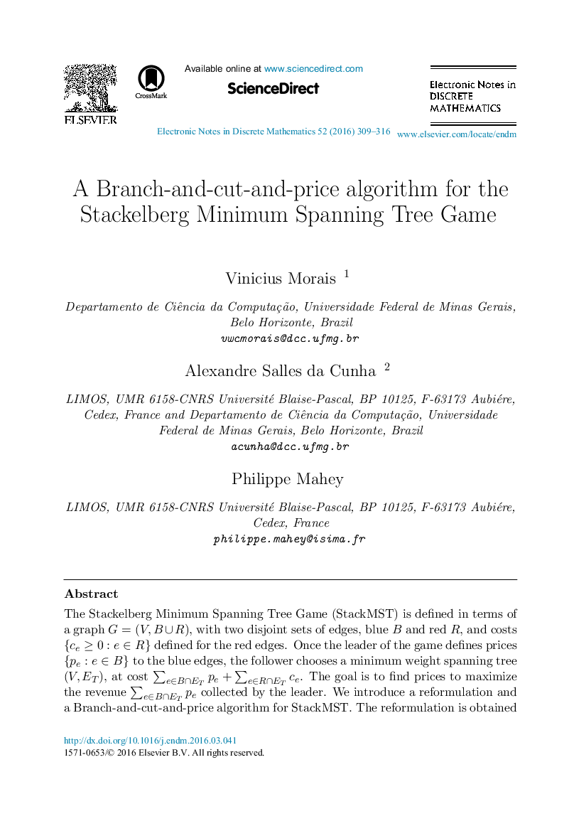 A Branch-and-cut-and-price algorithm for the Stackelberg Minimum Spanning Tree Game