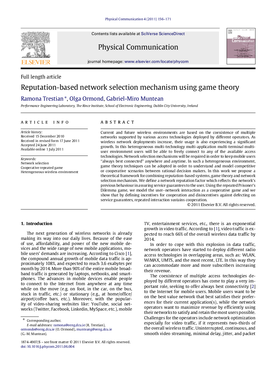 Reputation-based network selection mechanism using game theory