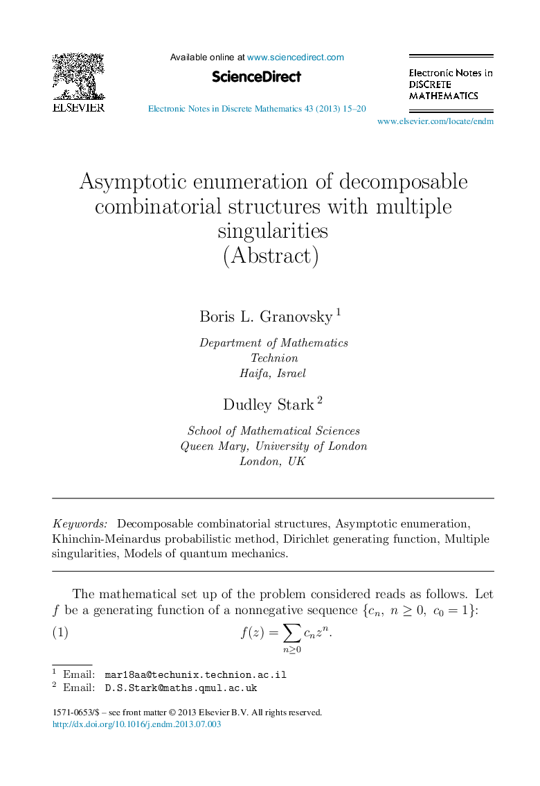 Asymptotic enumeration of decomposable combinatorial structures with multiple singularities (Abstract)
