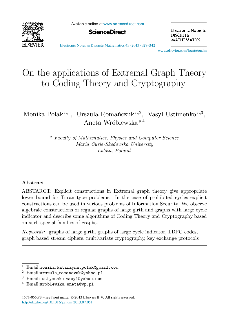 On the applications of Extremal Graph Theory to Coding Theory and Cryptography