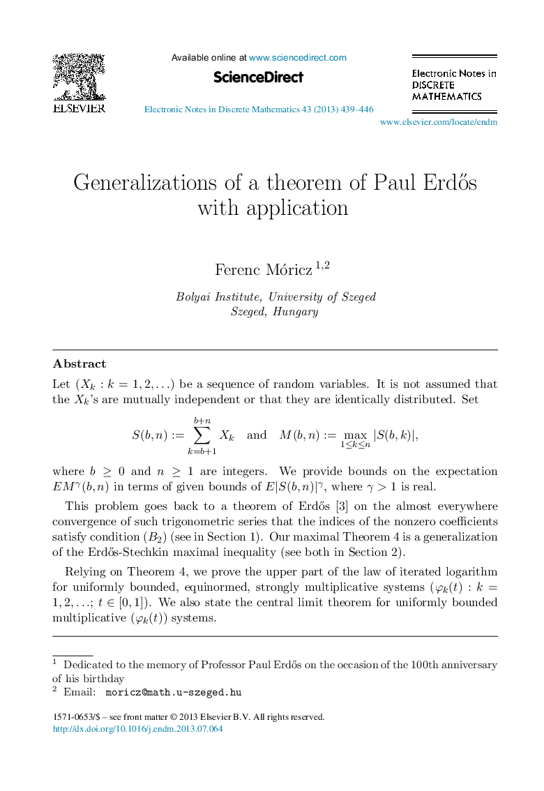 Generalizations of a theorem of Paul ErdÅs with application