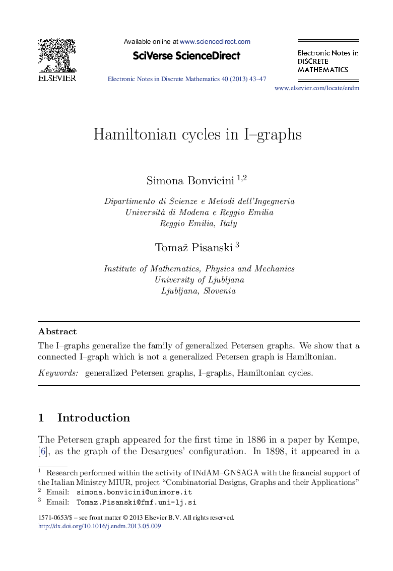 Hamiltonian cycles in I–graphs