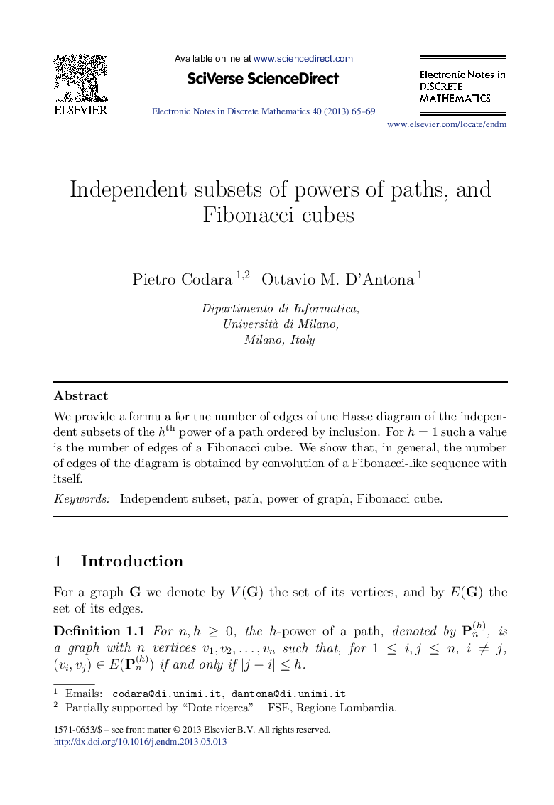 Independent subsets of powers of paths, and Fibonacci cubes