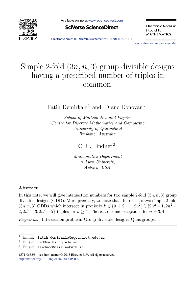 Simple 2-fold (3n,n,3) group divisible designs having a prescribed number of triples in common