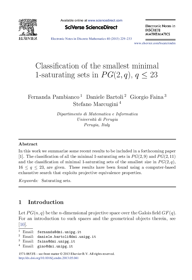 Classification of the smallest minimal 1-saturating sets in PG(2,q),q⩽23
