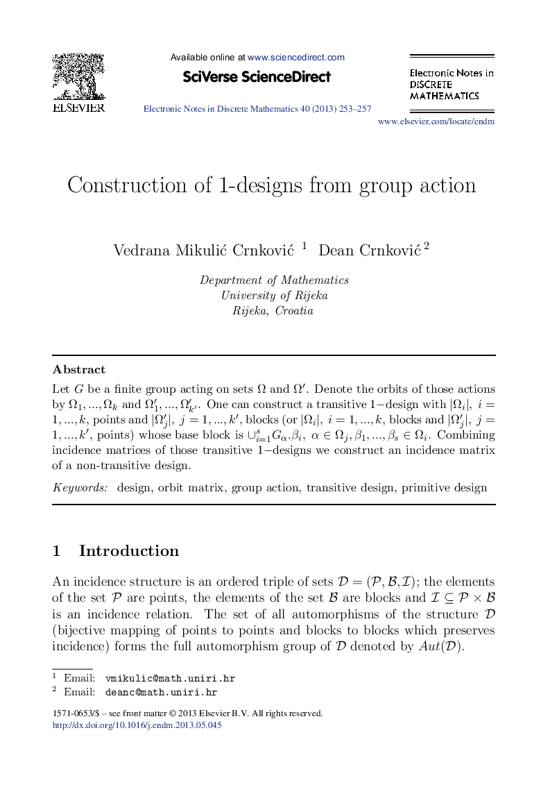 Construction of 1-designs from group action