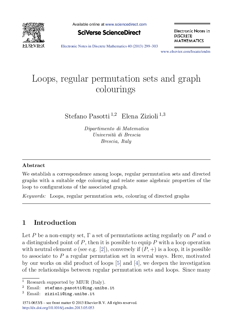 Loops, regular permutation sets and graph colourings