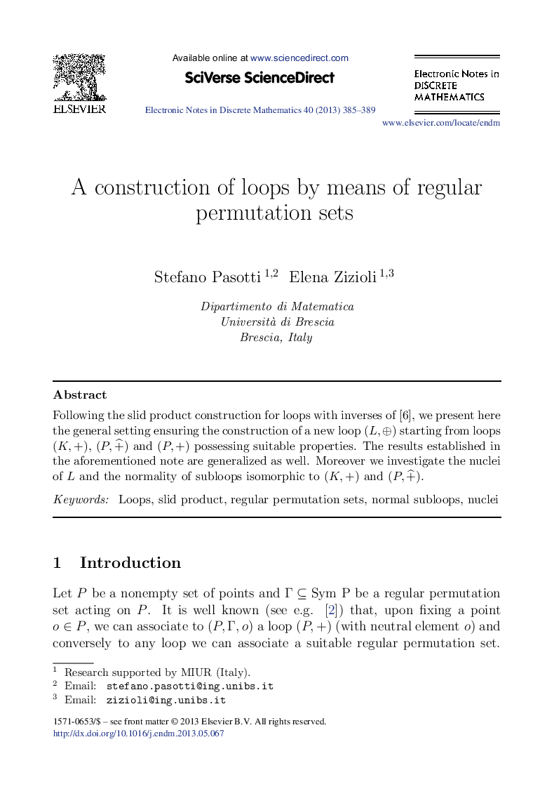 A construction of loops by means of regular permutation sets
